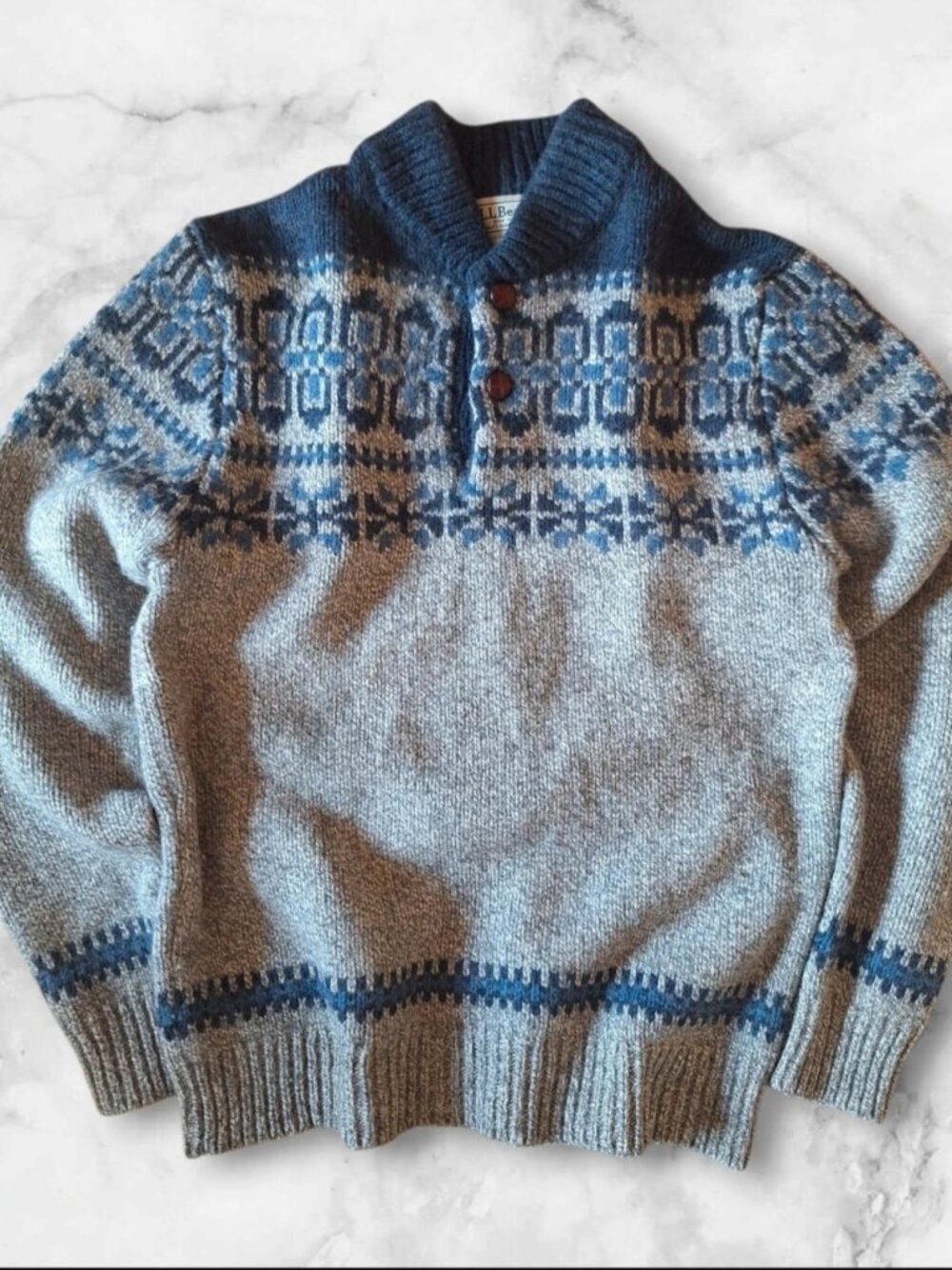 Blue Gray Nordic Pattern Lambswool Shawl Collar Sweater Size S